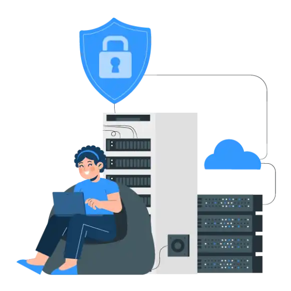 Cyber security expert working on laptop, protecting cloud servers and network infrastructure with security shield