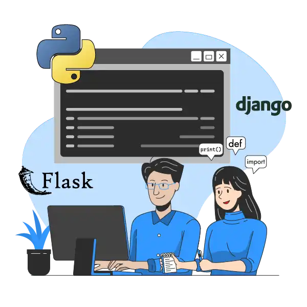 Two smiling Python developers, a man and woman, collaborate at a computer. Above them, a code editor with Python, Django, and Flask icons.