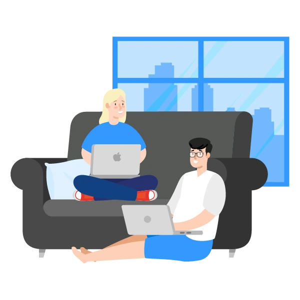 Two remote software developers collaborating from home, working on laptops, symbolizing flexible and efficient remote development.
